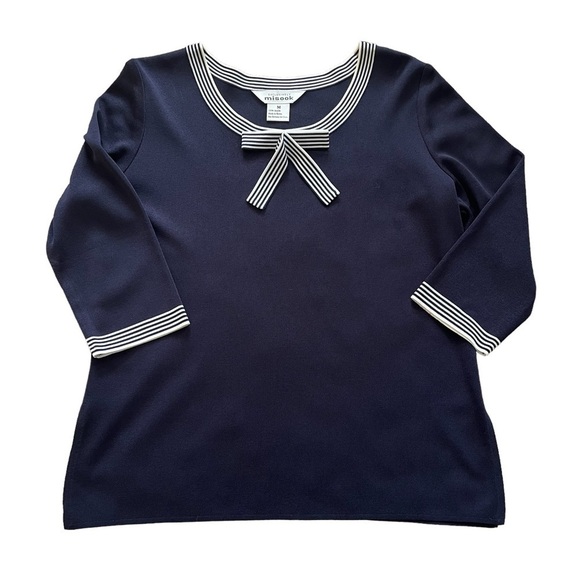 Exclusively Misook Knit Striped Round Neck 3/4 Sleeve Pullover Blouse Blue Sz M - Picture 7 of 7